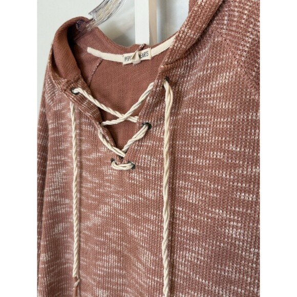 Inspired Hearts Women’s 1X Hoodie Top Pink Lace-Up Neck Waffle Knit Long Sleeve - Picture 9 of 10